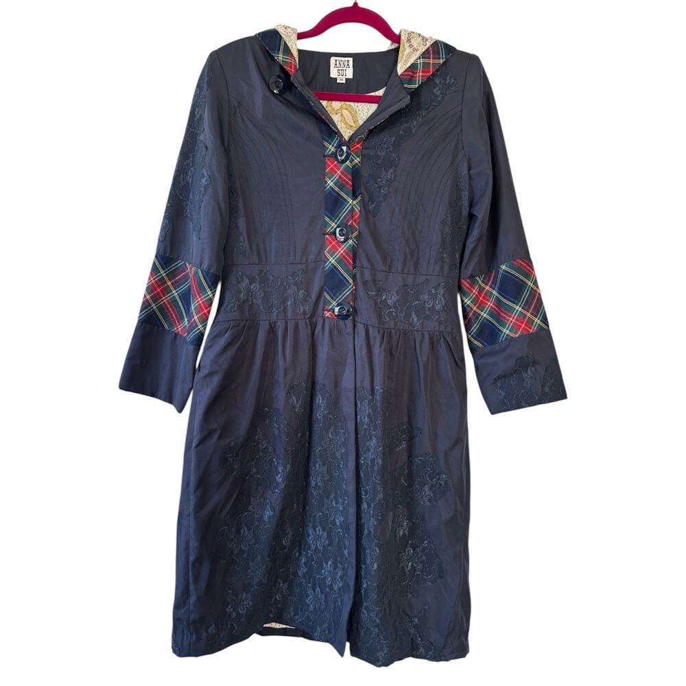 Anna Sui Retro Navy Blue Tartan and Lace Hooded Rain Coat Women’s 38 Small Y2K
